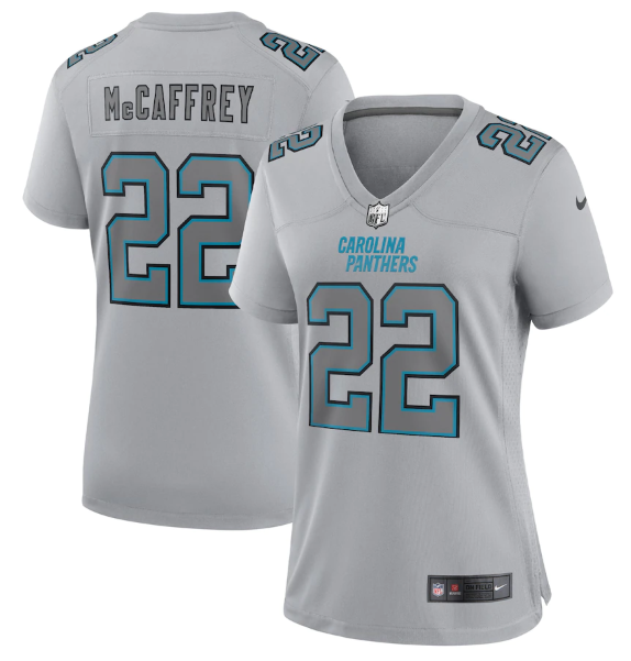 Women's Carolina Panthers #22 Christian McCaffrey Grey Atmosphere Fashion Stitched Game Jersey(Run Small)